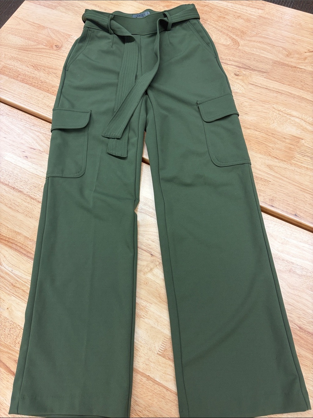 High-Rise Olive Wide-Leg Cargo Pants with Self-Tie Belt